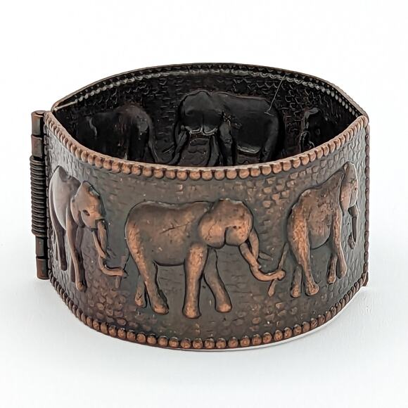 Vintage Copper Elephant Bangle Hinged Wide Bracelet Stamped Metal w Beaded Edge - Picture 3 of 9